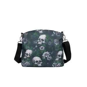 Gothic skull floral jacquard shoulder bag with wide strap on white background