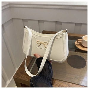 Women Fashion Bow PU Leather Underarm Bag Elegant Solid Color Small Square Shoulder Bag Casual Commuter Hobo Baguette Bag