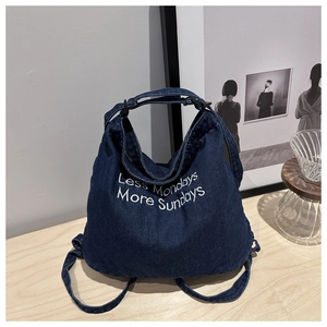 Denim Tote Bag Large Capacity Embroidery Letter Less Mondays More Sundays Casual Shoulder Bag Women Vintage Streetwear