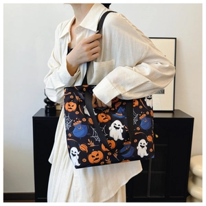 Spacious Halloween tote bag with pumpkin, ghost and witch motifs for festive fashion