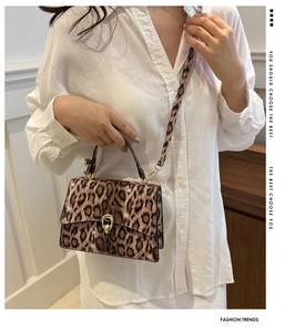 Detail of leopard print crossbody bag with gold ring clasp and matching shoulder strap