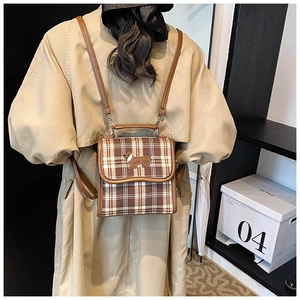 Vintage brown plaid square backpack with dachshund embroidery and adjustable straps