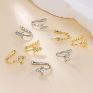 18K Gold Plated Copper Zirconia Nose Cuff Non-Piercing Clip On Nose Ring For Women Heart Lightning Christmas Tree Body Jewelry