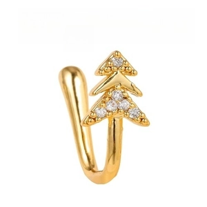 Detailed view of 18k gold plated Christmas tree nose cuff with zircon inlay design