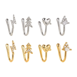 8-piece set of lightning and heart zircon nose cuffs in gold and silver finish