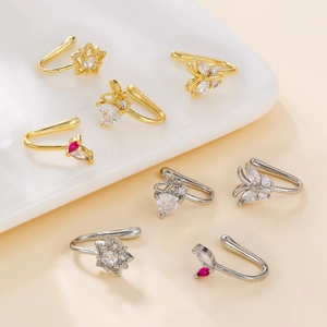 Set of 8 non-piercing U-shaped nose clips with butterfly, crown and snowflake designs