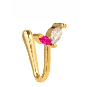 Detail of gold U-shaped nose cuff with pink and clear marquise gemstone butterfly motif