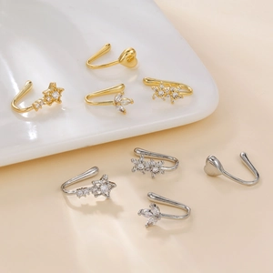 Minimalist heart and star brass ear cuffs set with zircon in gold and silver plating
