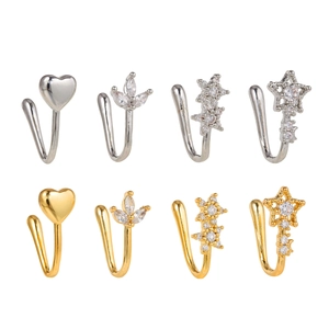 Set of 8 minimalist heart and star nose cuffs in gold and silver with zircon stones