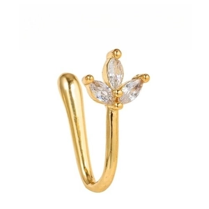 Detail of golden U-shaped non-piercing nose cuff with sparkling marquise zirconia stones
