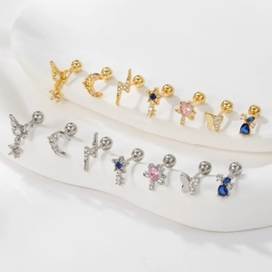 Set of 14 gold and silver star moon butterfly stud earrings with colorful zircon stones