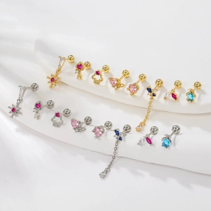 Elegant gold and silver star and heart stud earrings with colorful zircon and tassels