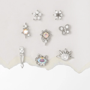 Parure de 8 boucles d'oreilles chat et fleurs en acier inoxydable avec cristaux