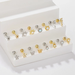 Clous d'oreilles cartilage en acier chirurgical avec motifs chat, fleur et zircons