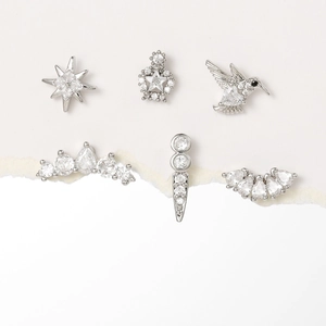 Set of six silver stainless steel star and hummingbird stud earrings with white zircons