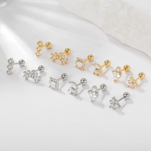Set of 12 stainless steel screw-back earrings in gold and silver with zircon accents