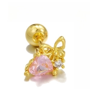 Orecchino a perno dorato con cuore in zircone rosa e dettaglio a farfalla