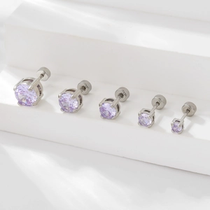 Set di 5 orecchini a perno in zircone viola e acciaio inox con chiusura a vite