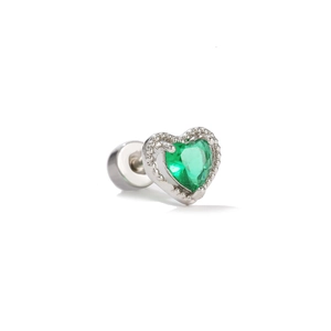 Funkelnder grüner Herz-Zirkonia-Ohrring mit Edelstahlstift und versilbertem Perlenrand