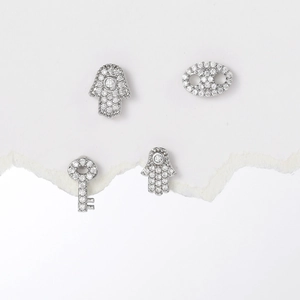 Sparkling silver stainless steel Hamsa and key stud earrings with pavé cubic zirconia