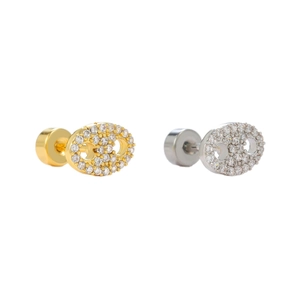 Luxe gold and silver stud earrings with sparkling cubic zirconia in coffee bean design