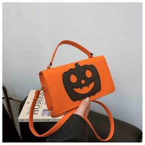 Halloween pumpkin jack-o-lantern crossbody bag in bright orange PU leather with top handle