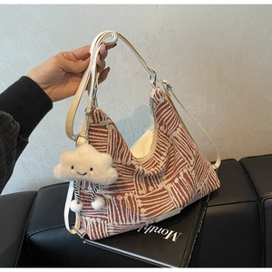 Women Casual Canvas Tote Bag Large Capacity Geometric Pattern Shoulder Bag Commuter Handbag With Cloud Charm Accessories