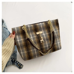 Vintage Plaid Woolen Tote Bag With Metal Chain Strap And Deer Pendant Retro Large Capacity Shoulder Bag For Women