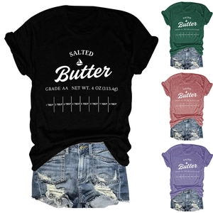 Detail view of Salted Butter printed t-shirt in black, green, red and purple colors