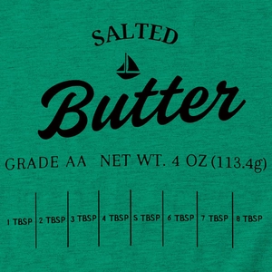 Close-up of salted butter graphic print on dark green marl fabric t-shirt texture