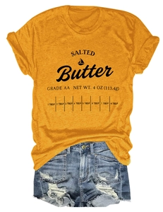 Detail view of cotton t-shirt with creative Salted Butter graphic print on chest