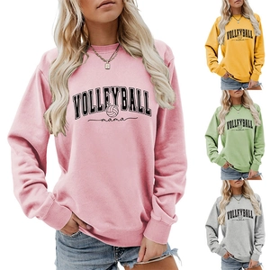 Detailed view of Volleyball Mama sweatshirts in four colors with volleyball graphics