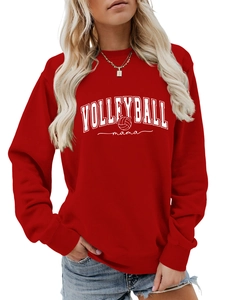 Detail of red crewneck sweatshirt with vintage Volleyball Mama print and ribbed cuffs