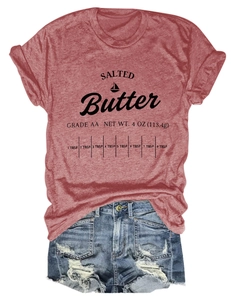 Detail of red salted butter print T-shirt with distressed blue denim shorts set