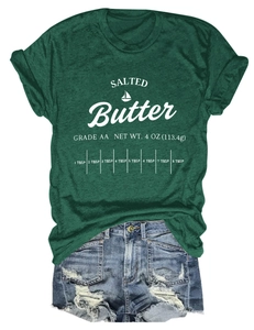 Detailed flat lay of dark green crew neck T-shirt with vintage salted butter print
