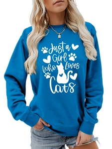 Detail of navy blue sweatshirt showing ribbed cuffs and Just a Girl Who Loves Cats print