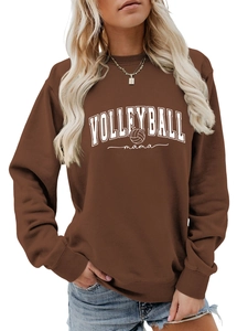 Detail of Volleyball Mama print on casual dark brown crewneck sweatshirt for women