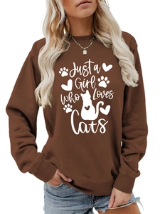 Detail of Just a Girl Who Loves Cats white print on brown long sleeve sweatshirt