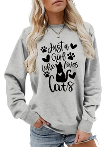 Detailed view of Just a Girl Who Loves Cats print on a grey casual sweatshirt