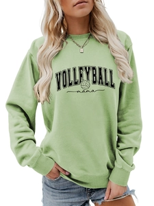 Detail of light green volleyball mama sweatshirt with soft fabric and printed graphic
