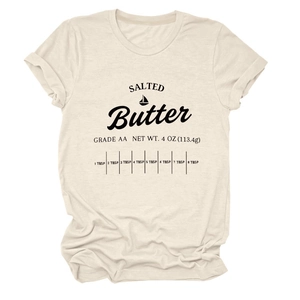Close-up of salted butter graphic print and measurement scale on cotton t-shirt