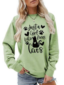 Detail of sage green cat lover sweatshirt with Just a Girl Who Loves Cats print