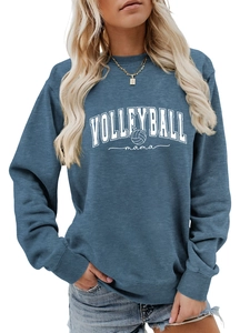 Detail of navy blue sweatshirt showing Volleyball Mama print and ribbed cuff texture