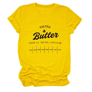 Macro detail of salted butter print on yellow cotton t-shirt with measurement scales