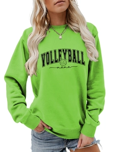 Close-up of the ribbed cuff and Volleyball Mama print on neon green sweatshirt