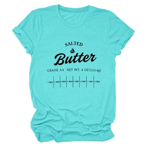 Detailed flat lay of turquoise cotton T-shirt featuring a vintage salted butter graphic print