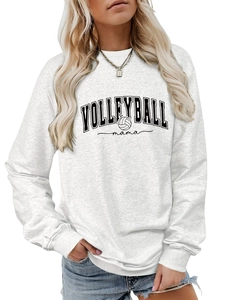 Detail view of the bold Volleyball Mama print on a heather gray casual sweatshirt
