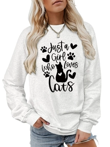 Detail of Just a Girl Who Loves Cats print on light gray crewneck sweatshirt