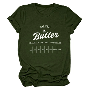 Detail of the white Salted Butter graphic print on a dark olive green cotton t-shirt