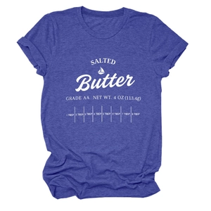 Detail of blue crew neck t-shirt featuring a white salted butter graphic print design